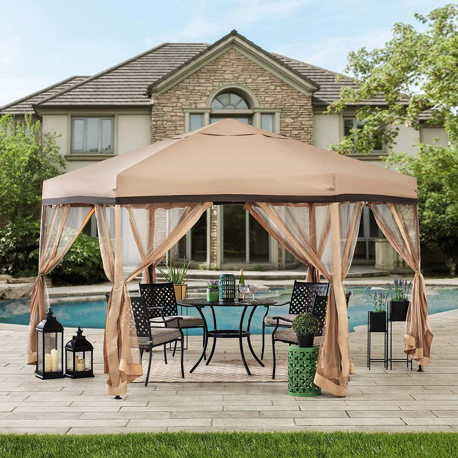 11x11 ft. Portable Pop Up Gazebo, 2-Tone, Hexagon Steel Frame Soft Top Canopy or Tent