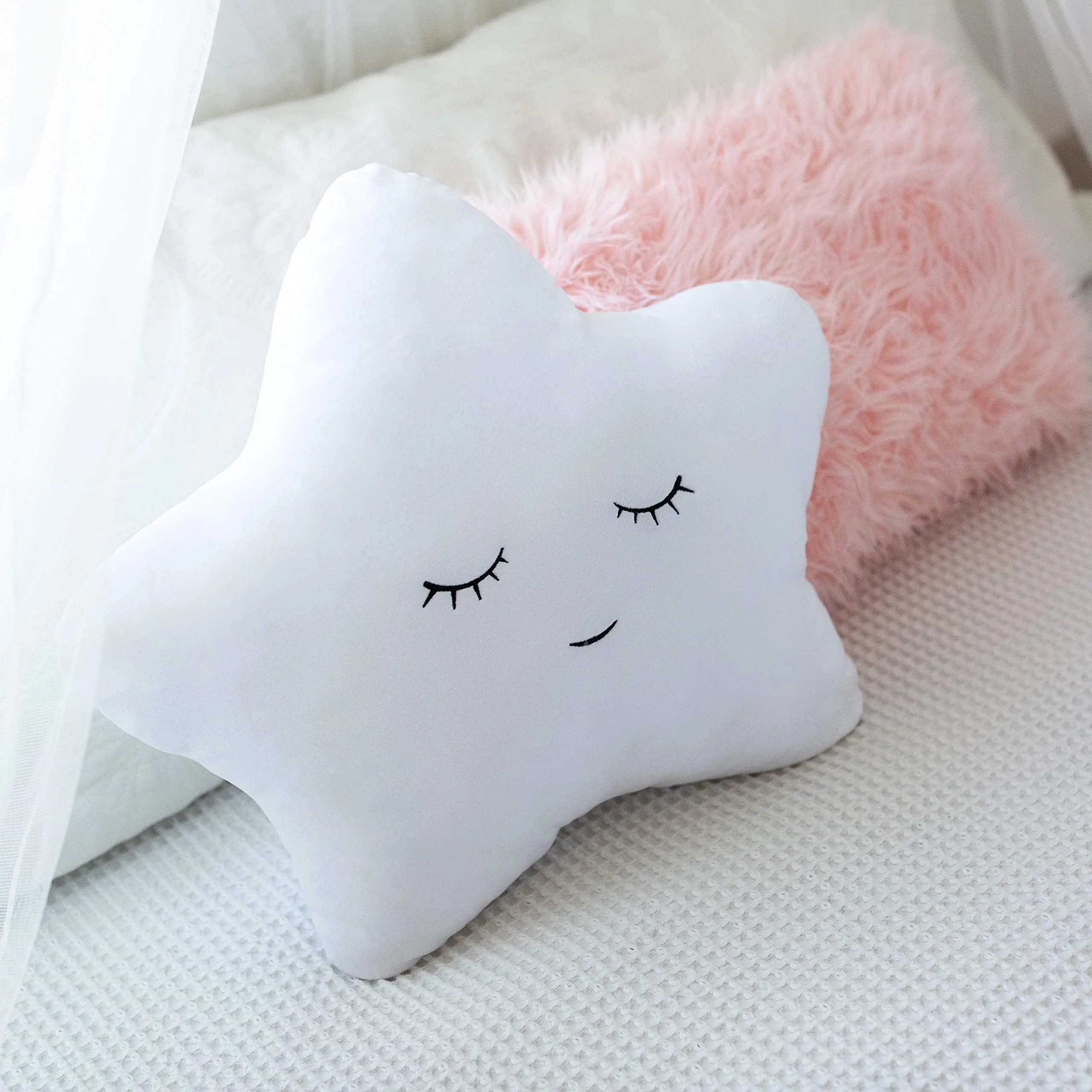 2 Pack Toddler Room Decorative Pillows Star Embroidered White & Pink Faux Fur