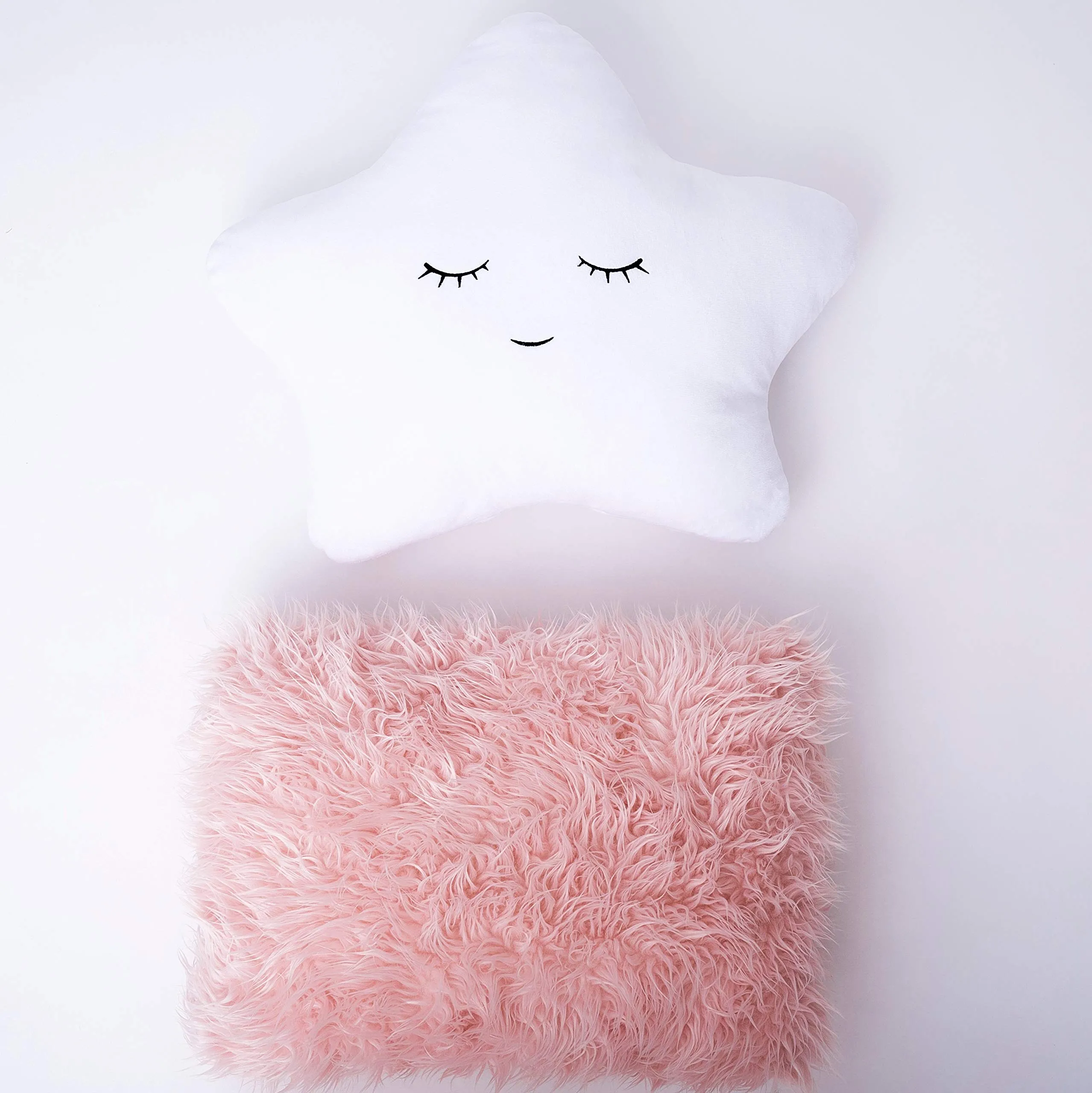 2 Pack Toddler Room Decorative Pillows Star Embroidered White & Pink Faux Fur