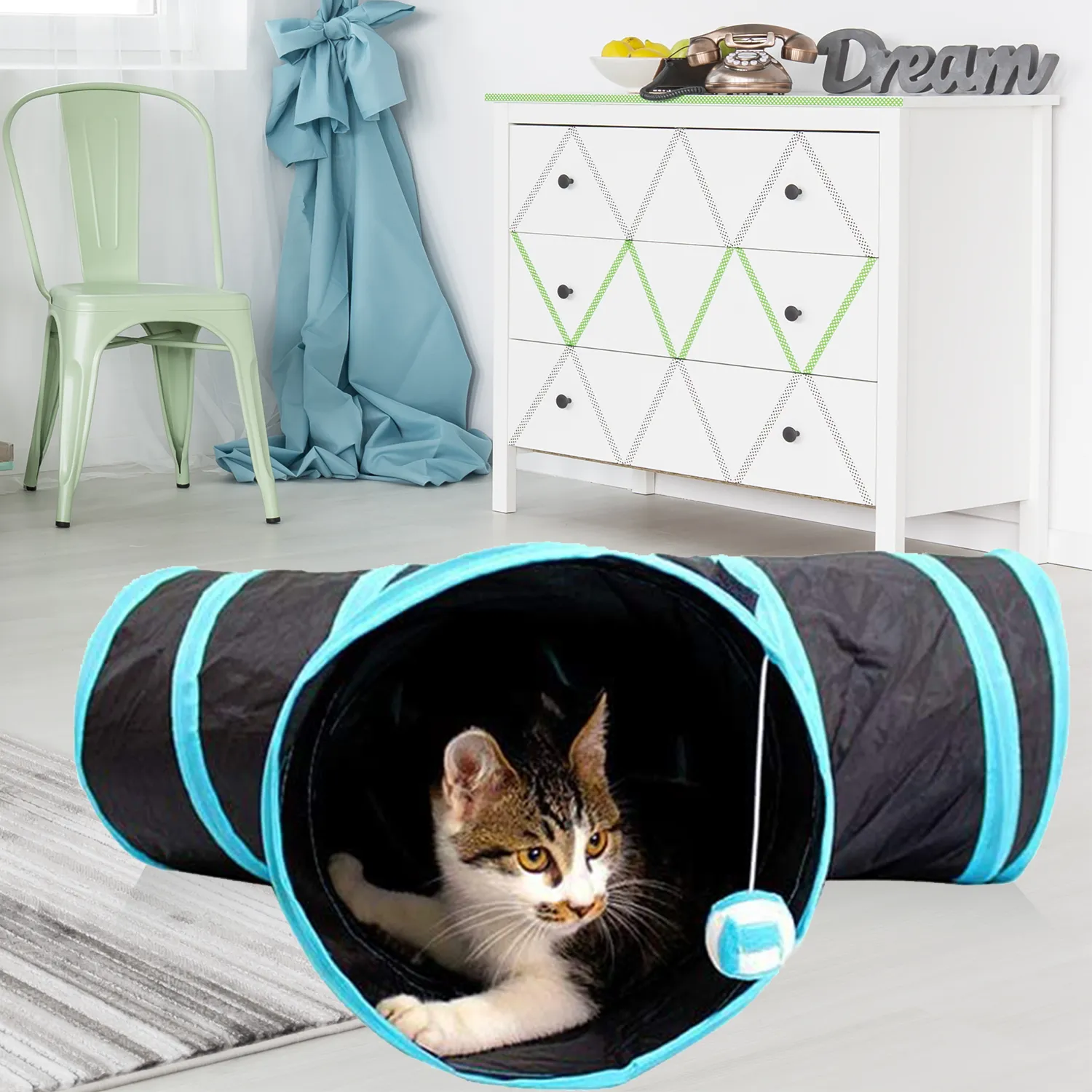 Durable 4 Holes Cat Tunnel, Collapsible, Interactive, White - Floofi