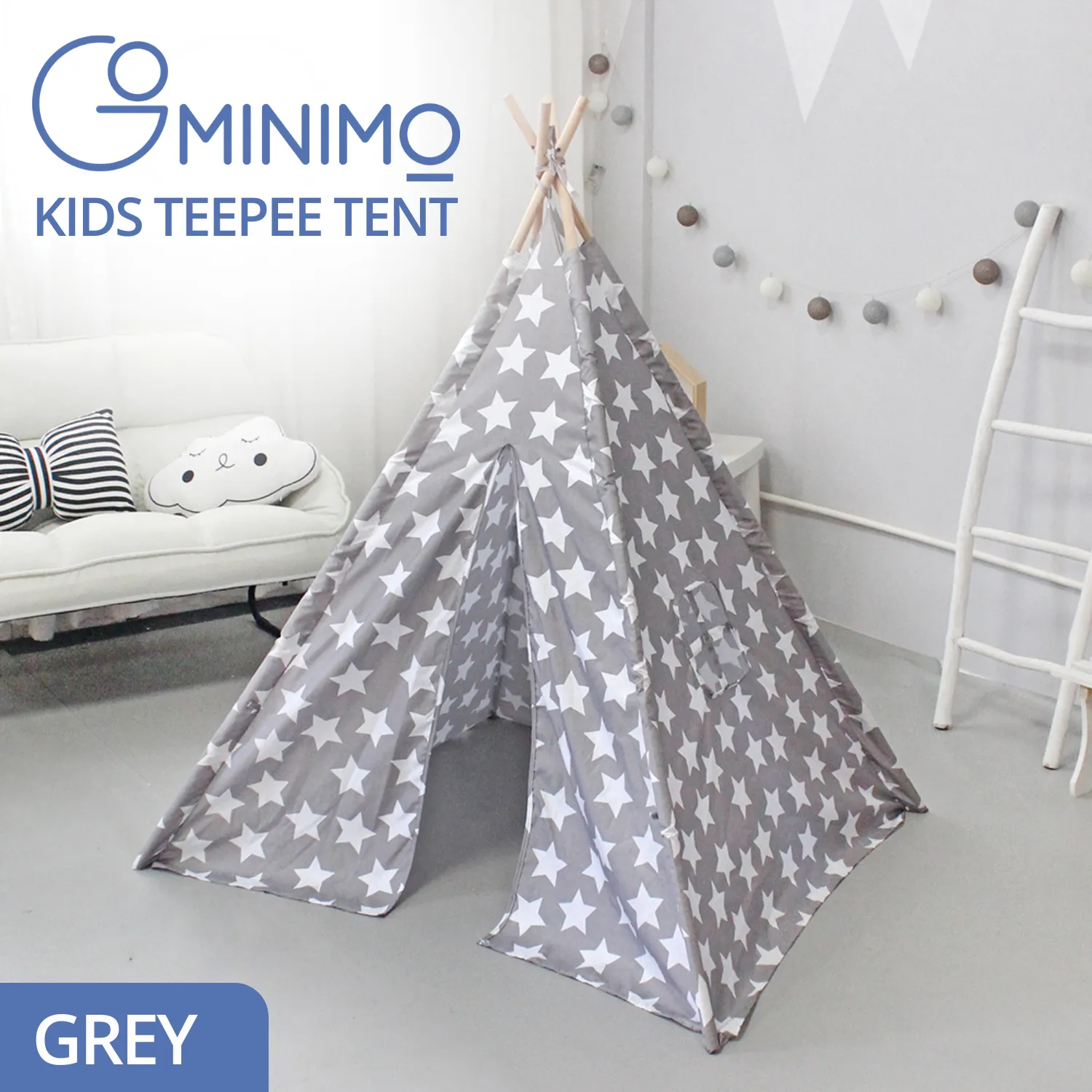 Grey Star Kids Teepee Tent with Windows and Carry Case