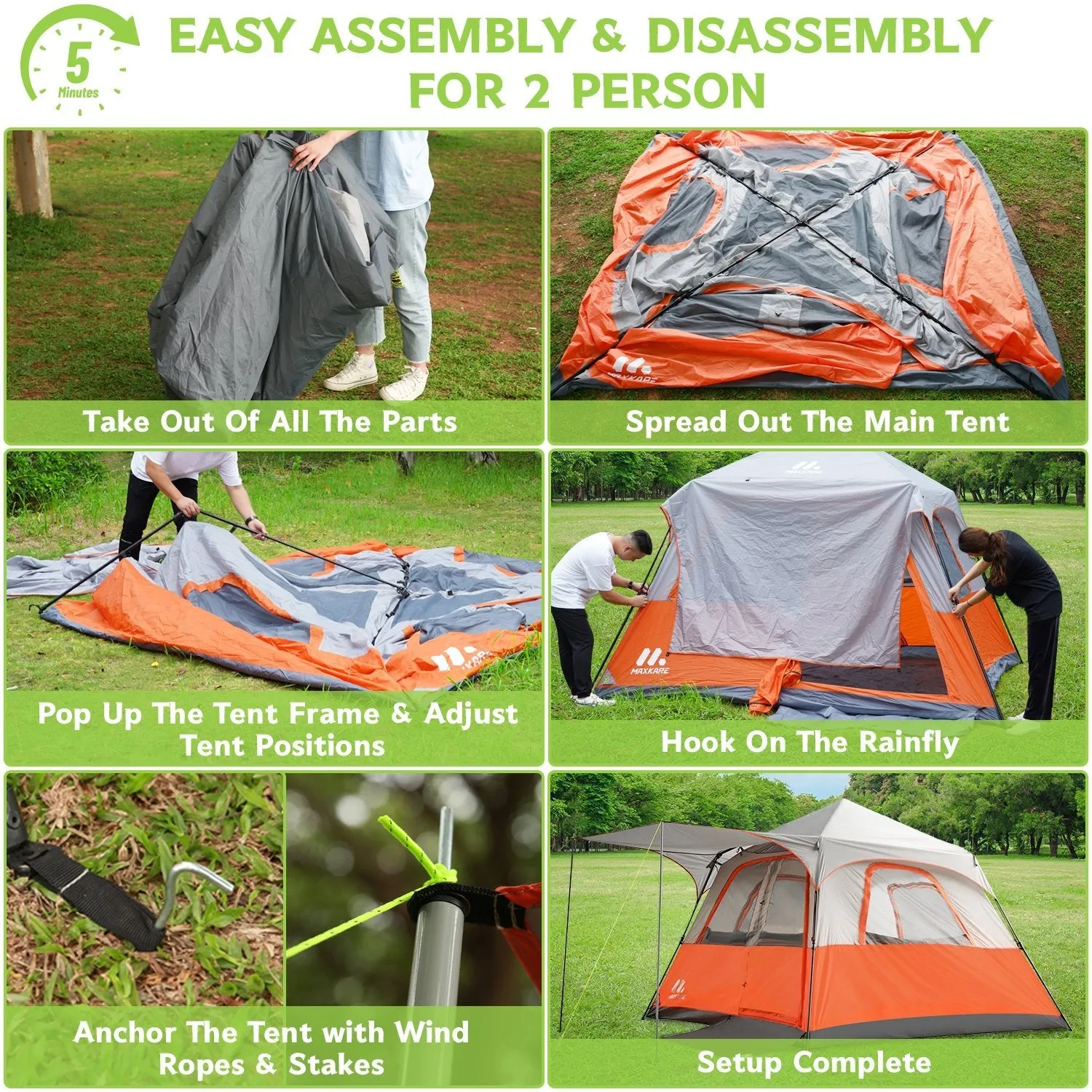 Instant Setup Cabin Tent, Camping Tent for 6-8 person w. Water-Resistant Rainfly, 60 Seconds Instant Setup Poles, Stakes, Floor Mat - 10*10*7ft