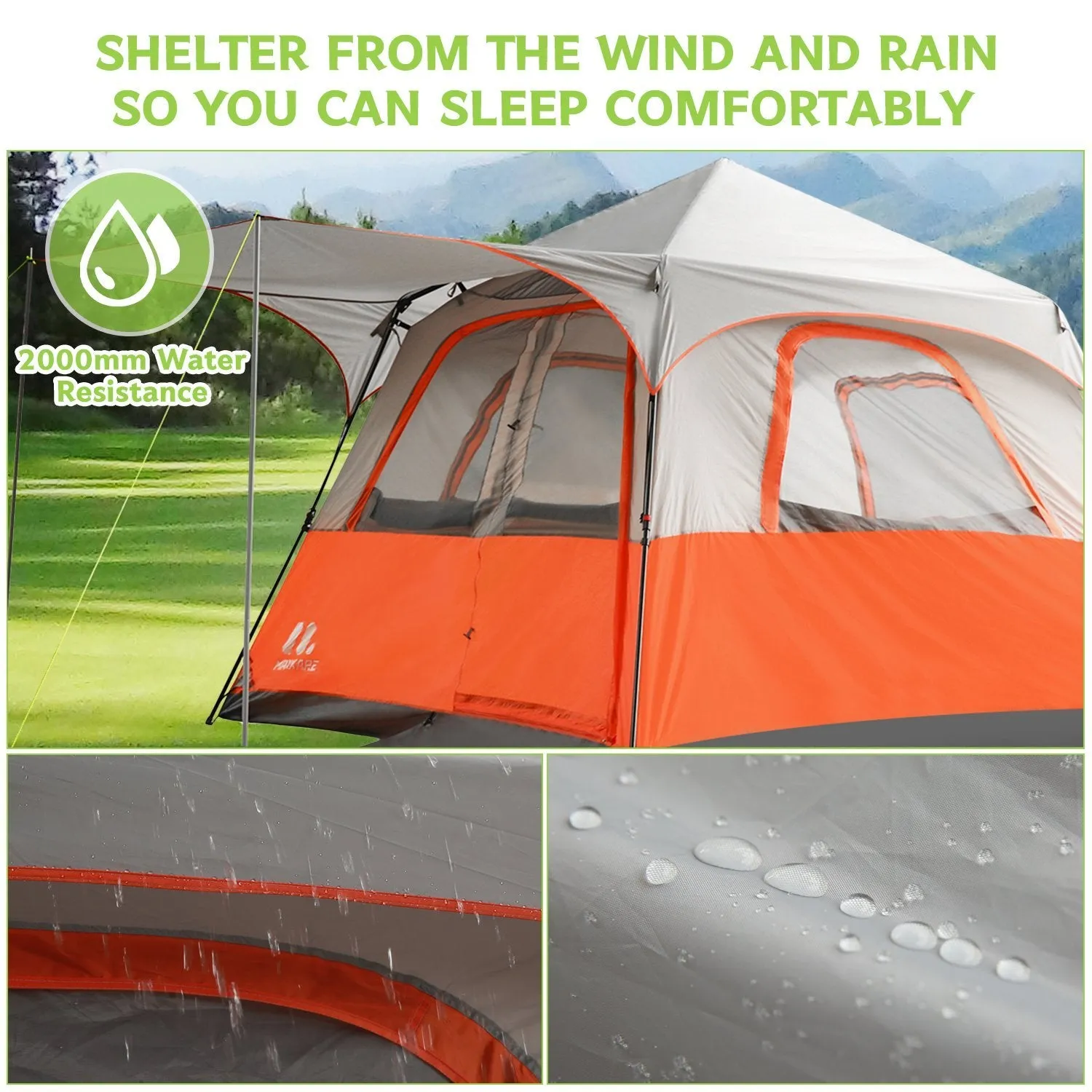 Instant Setup Cabin Tent, Camping Tent for 6-8 person w. Water-Resistant Rainfly, 60 Seconds Instant Setup Poles, Stakes, Floor Mat - 10*10*7ft