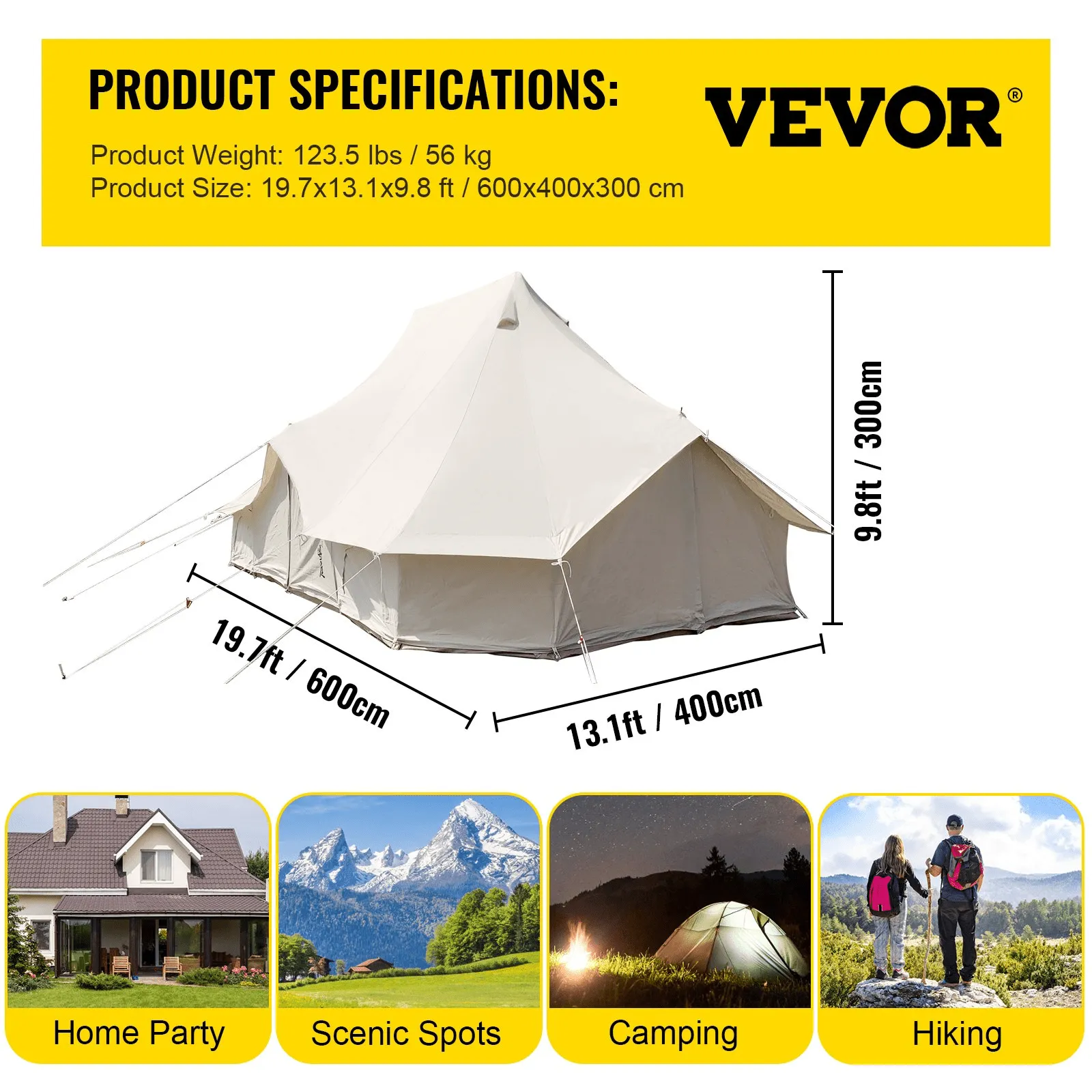 Vevor 6M Bell Tent 19.7' x 13.1' x 9.8' Yurt Beige Canvas Cotton For 8-12 People Portable 4 Season Teepee