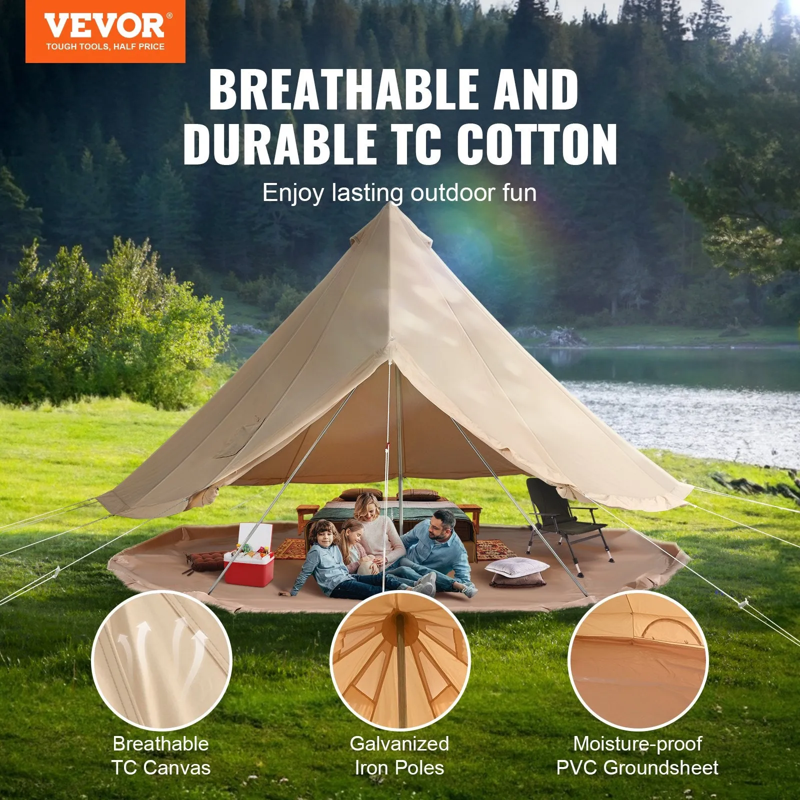 Vevor Bell Tent 9.8' Waterproof Canvas Yurt with Stove Jack and Detachable Side Wall Fits 3-5 People New