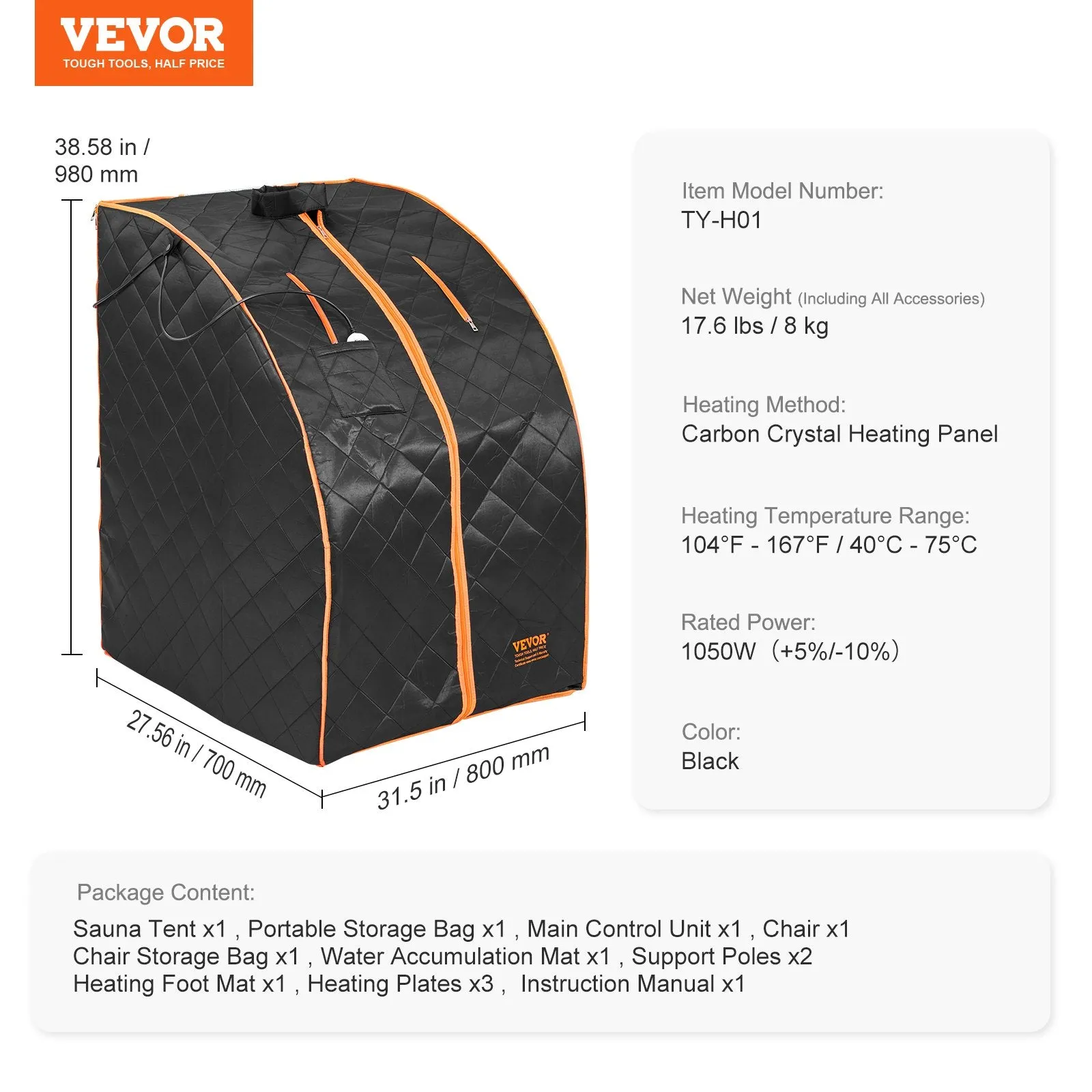 Vevor Sauna Tent 27.5" x 31.5" x 38.5" 1050W Portable Infrared Therapy 104-167°F Temperature Control New